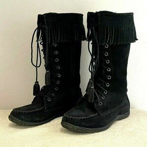L.L. Bean Boots 6 Black Suede Side Zip Lace Up Front Fringe Trim Moccasin Tall